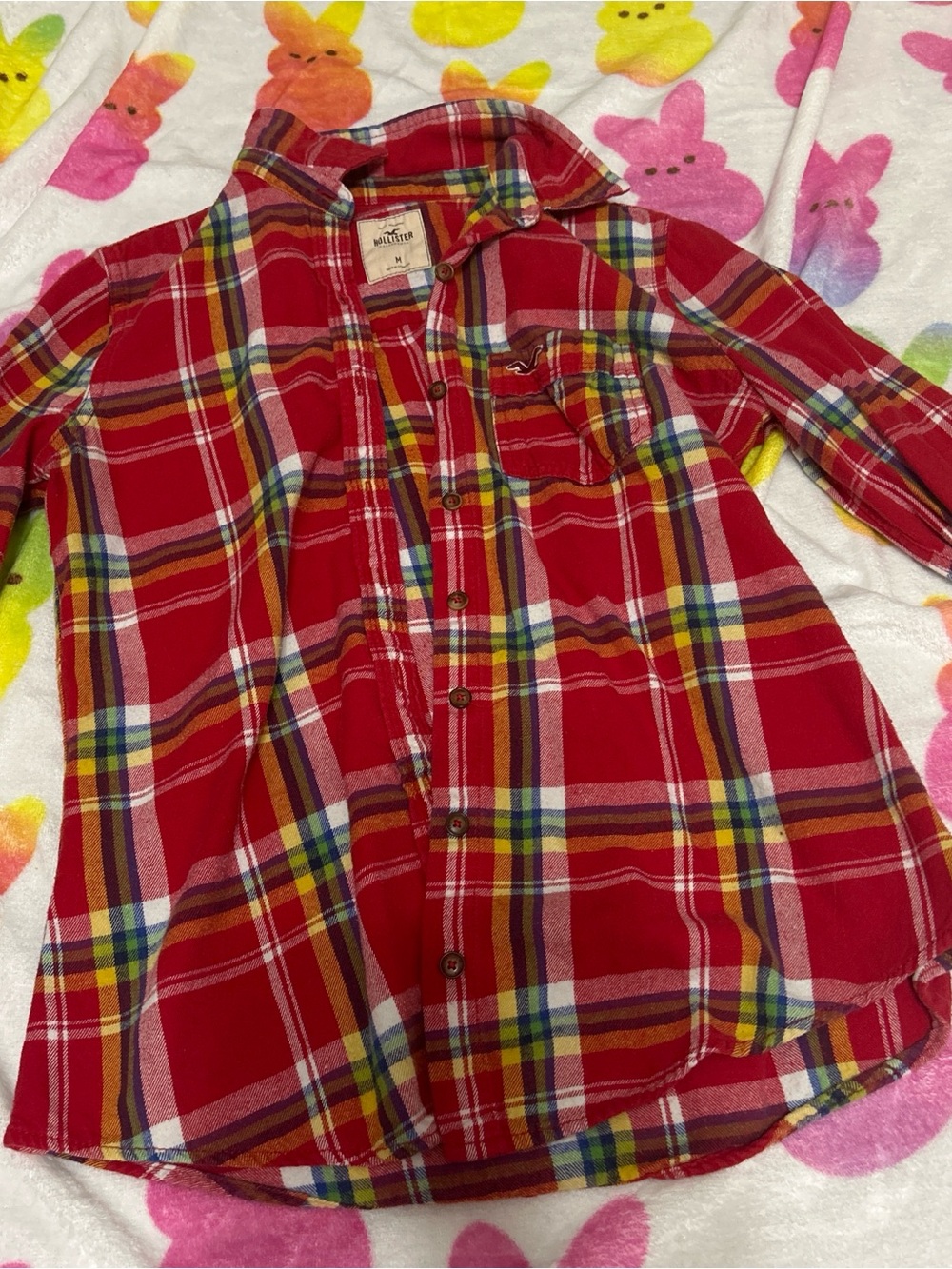 Hollister Red Plaid Button-Down Shirt with Multicolor Accents